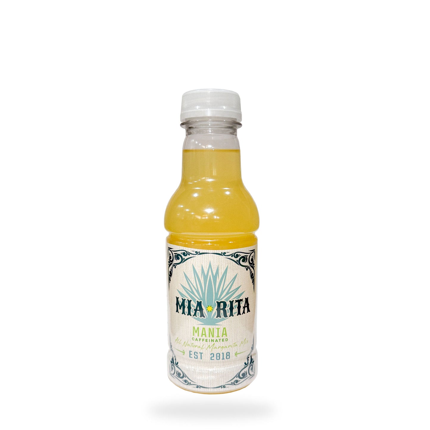 Bottle of Mia Rita Mania Caffeinated beverage on a white background